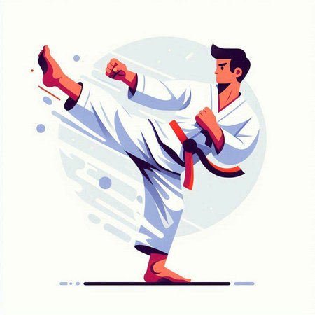 Taekwondo vector illustration. Man in kimono practicing martial artsのイラスト素材