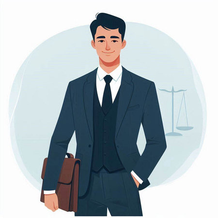 Businessman with briefcase and scales. Vector illustration in cartoon styleのイラスト素材