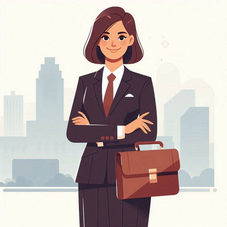 Businesswoman with briefcase on the background of the city. Vector illustrationのイラスト素材