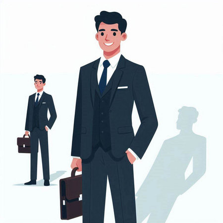 Young businessman with briefcase and team. Vector illustration in cartoon style.のイラスト素材