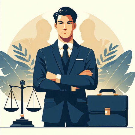 Lawyer with briefcase and scales. Vector illustration in retro styleのイラスト素材