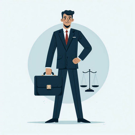 Businessman standing with briefcase and scales of justice. Vector illustration.のイラスト素材