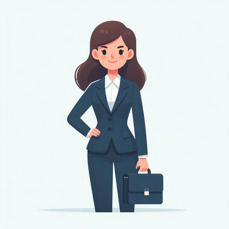 Young business woman standing with briefcase. Vector illustration in cartoon style.のイラスト素材