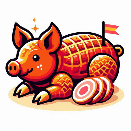 Illustration of a cute cartoon red pig with a red flag.のイラスト素材