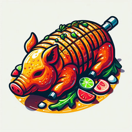 Vector illustration of a red and orange wild boar with lemon and tomatoのイラスト素材