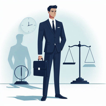Businessman with briefcase and scales of justice. Vector illustration.のイラスト素材