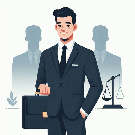 Businessman with briefcase standing in front of his team. Vector illustration.のイラスト素材