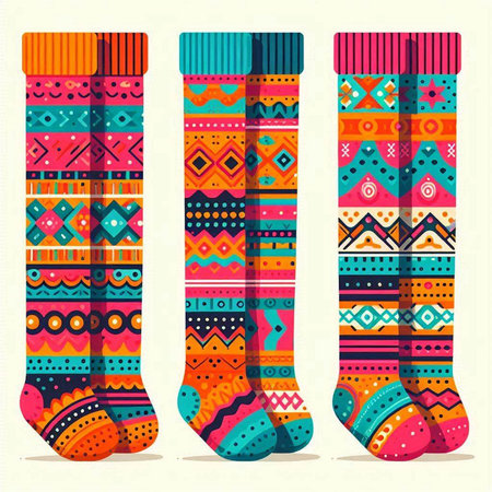 Vector set of multicolored socks with ethnic ornaments.のイラスト素材