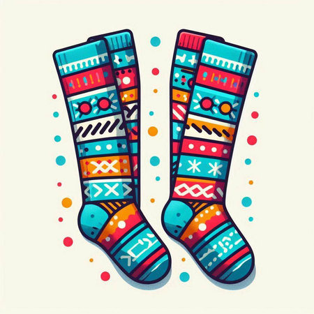 Colorful Christmas socks with ornament. Vector illustration in doodle style.のイラスト素材