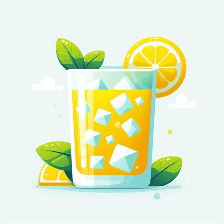 Orange juice in a glass with ice and mint. Vector illustration.のイラスト素材