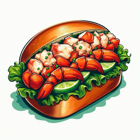 Illustration of crab on a plate with lettuce, lime and sauceのイラスト素材