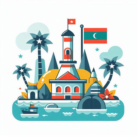 Travel to Maldives in flat style. Vector illustration with landmarks.のイラスト素材