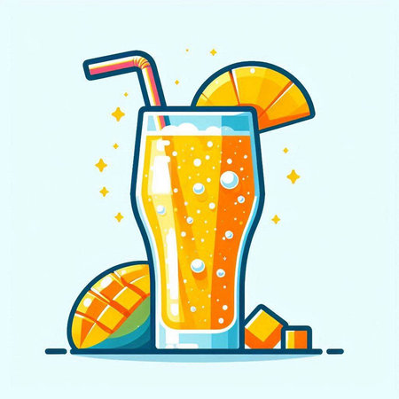 Vector illustration of a glass of orange juice with a straw and a slice of mango.のイラスト素材