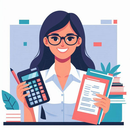 Young business woman with documents and calculator. Vector illustration in flat styleのイラスト素材