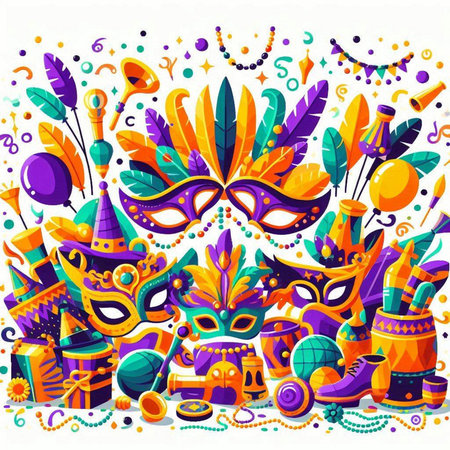 Mardi Gras party background with carnival masks and accessories. Vector illustration.のイラスト素材