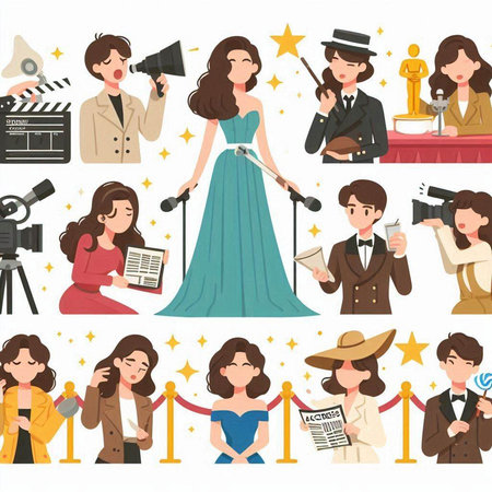 Journalist, journalist, reporter, news anchor, cameraman, reporter. Set of vector illustrations.のイラスト素材