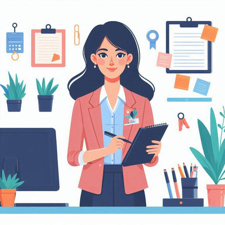 Business woman in the office. Vector illustration in a flat style.のイラスト素材