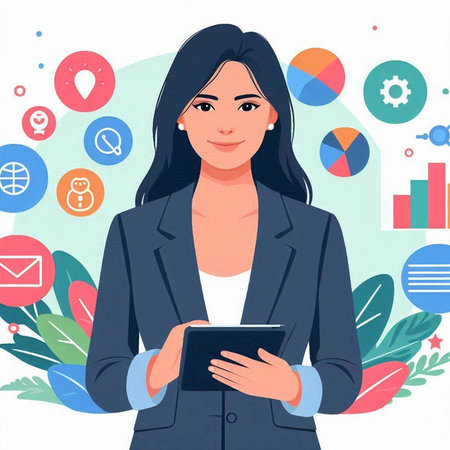 Businesswoman holding a tablet computer. Vector illustration in flat style.のイラスト素材