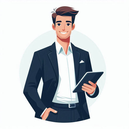 Businessman in a suit holding a tablet. Vector illustration in cartoon style.のイラスト素材