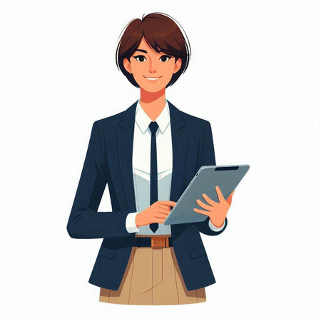 Business woman holding tablet computer, cartoon vector illustration isolated on white background.のイラスト素材