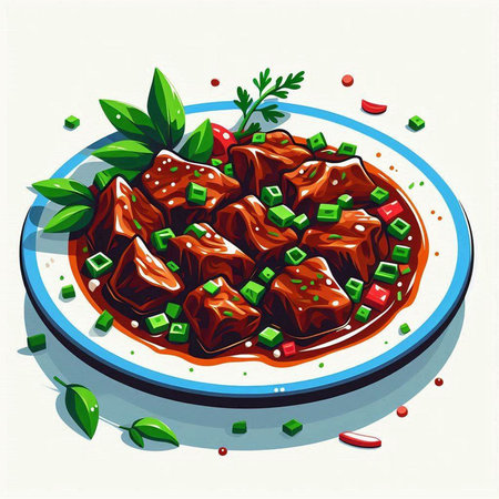 Illustration of a plate with beef stew, garnished with parsley.のイラスト素材