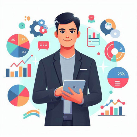 Vector illustration of a man in a business suit with a tablet in his hands.のイラスト素材