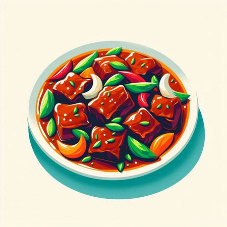 Beef stewed in tomato sauce in a plate, illustration.のイラスト素材