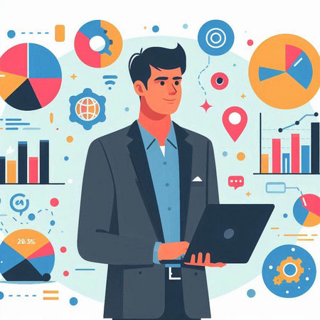 Businessman with laptop in his hands. Vector illustration in flat styleのイラスト素材