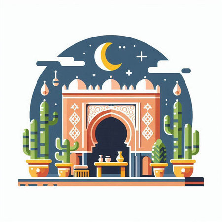 Vector illustration of Ramadan Kareem greeting card with mosque and cacti.のイラスト素材