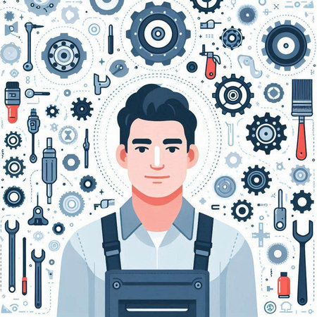 Mechanic with tools. Vector illustration in flat cartoon style on white background.のイラスト素材
