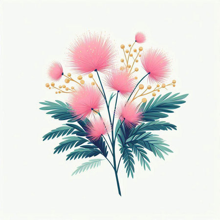 Flowering branch of mimosa on a white background. Vector illustration.のイラスト素材