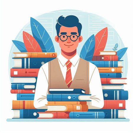 Cartoon vector illustration of a man in a business suit and glasses with a pile of books.のイラスト素材
