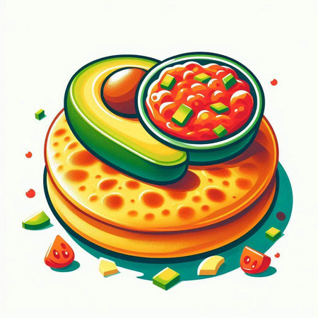 Pancakes with avocado and red caviar. Vector illustration.のイラスト素材