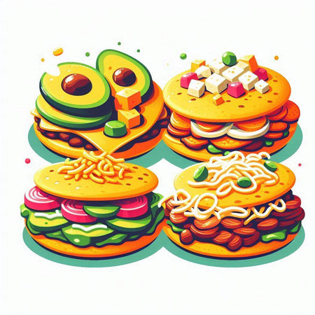 Illustration of a set of hamburgers with cheese and vegetablesのイラスト素材