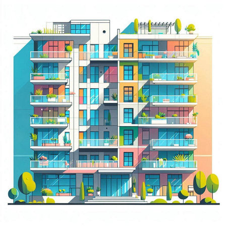Modern apartment building. Vector illustration in flat style. Urban architecture.のイラスト素材