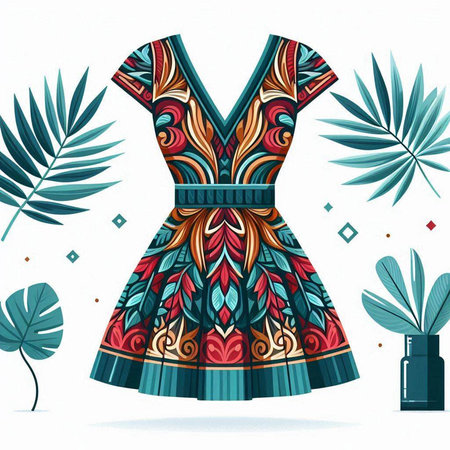 Fashionable woman's dress with tropical leaves. Vector illustration.のイラスト素材