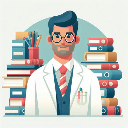 Vector illustration of a male doctor in a white coat and glasses standing in front of a stack of books.のイラスト素材