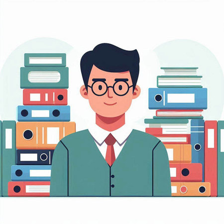 Businessman with a lot of folders. Vector illustration in flat styleのイラスト素材