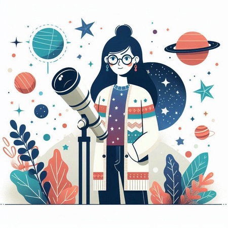Vector illustration of a girl with telescope and planets in the background.のイラスト素材