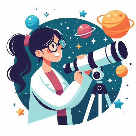 Astronaut girl looking through telescope. Vector illustration in cartoon styleのイラスト素材