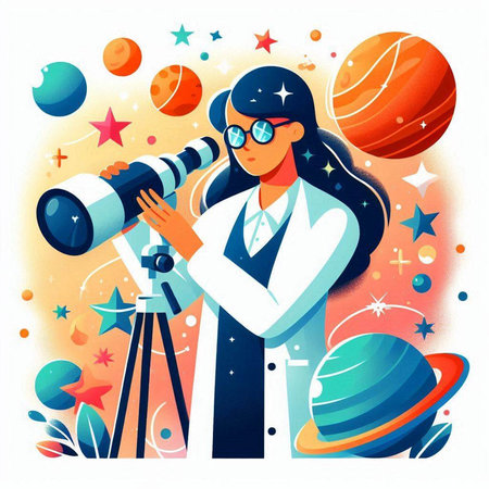 Astronaut girl looking through telescope. Vector illustration in flat styleのイラスト素材