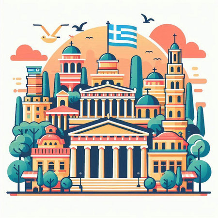 Greece. Vector illustration with famous buildings and monuments on white background.のイラスト素材