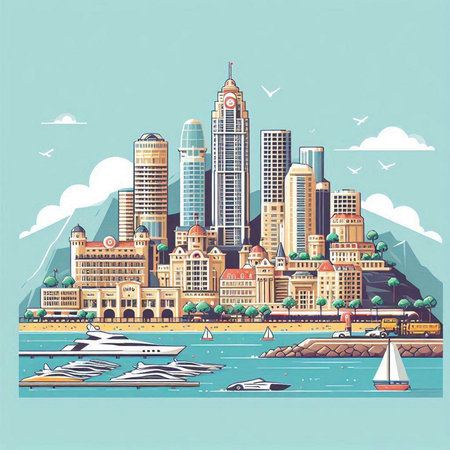 Vector illustration of a modern city landscape with skyscrapers, yachts and boatsのイラスト素材