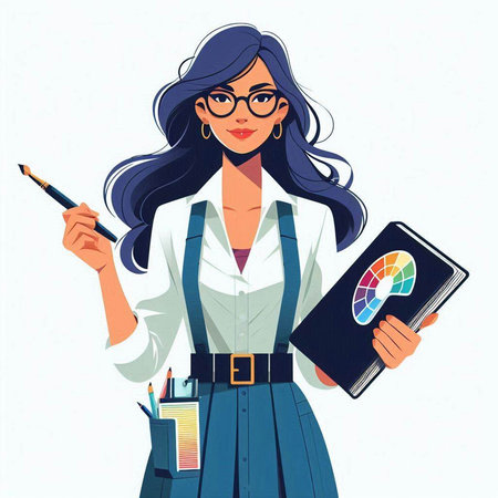Vector illustration of a young woman with a set of stationery.のイラスト素材