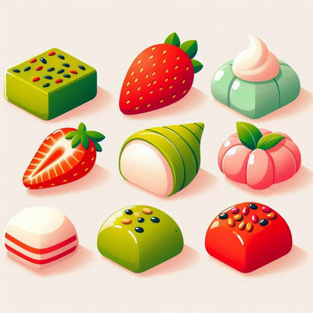 Vector illustration of a set of different colorful chocolate candies with strawberriesのイラスト素材
