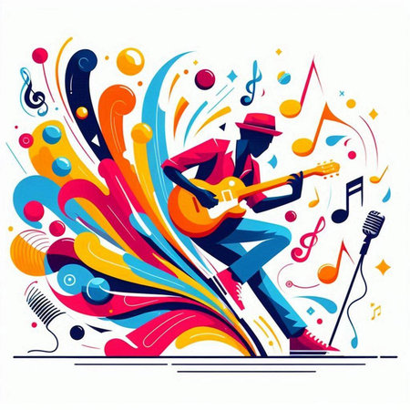Guitar player with musical notes on a colorful background. Vector illustrationのイラスト素材