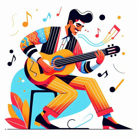 Musician playing guitar. Hand drawn vector illustration in cartoon style.のイラスト素材