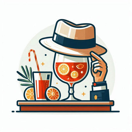 Vector illustration of a barman in a hat with a cocktail in a glass.のイラスト素材