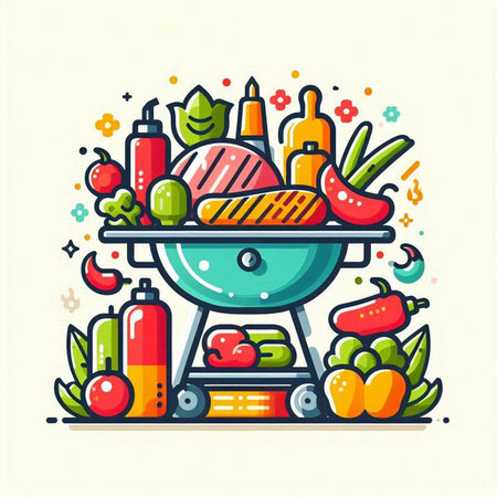 Barbecue grill with vegetables and meat. Vector illustration in linear styleのイラスト素材