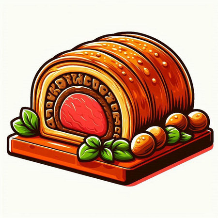 Vector illustration of a sushi roll on a cutting board with leaves.のイラスト素材